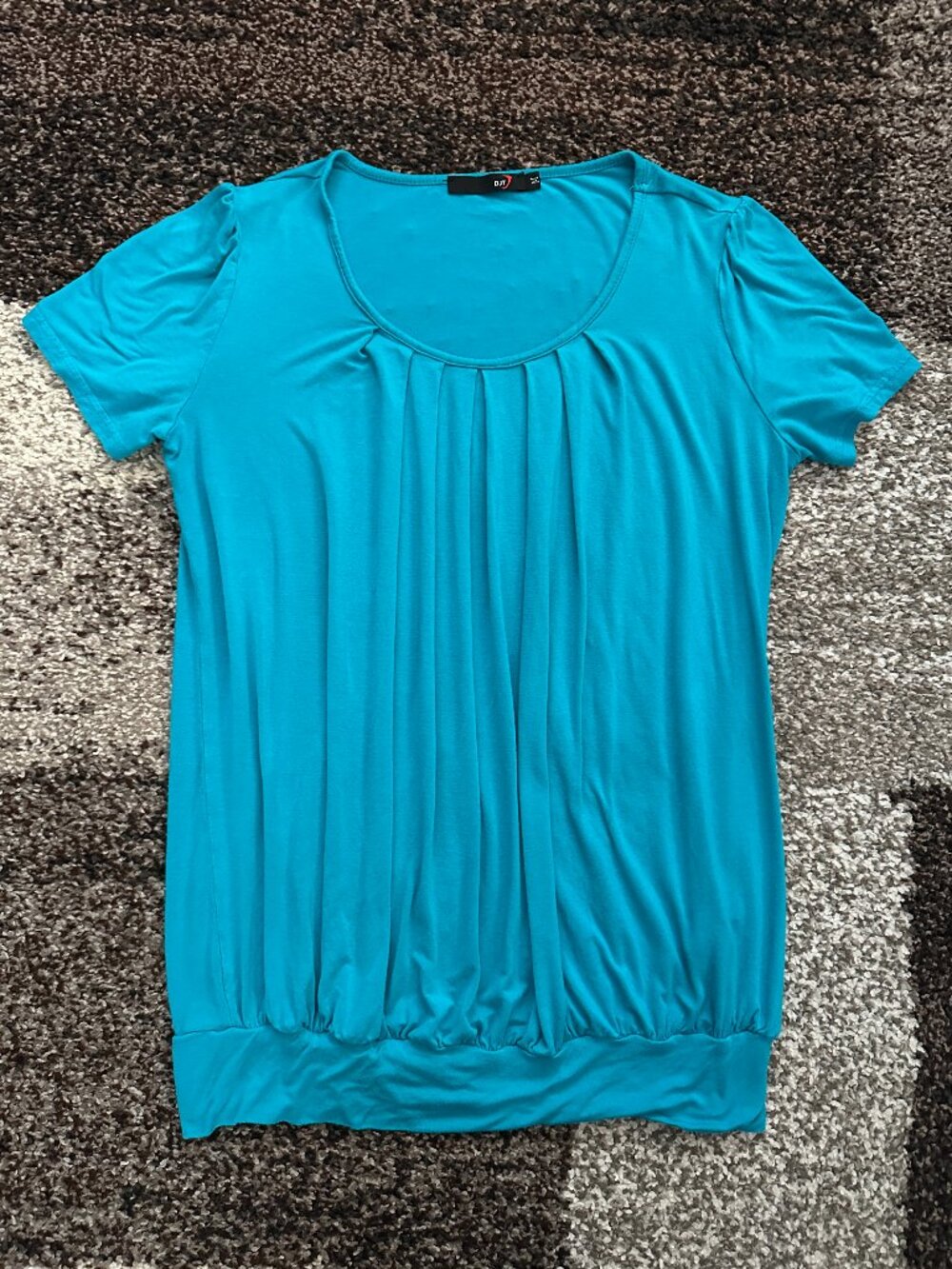 DJT FASHION (M) Bright Blue Lake Aqua Turquoise Pleated Tee Scoop Blouson Top #1